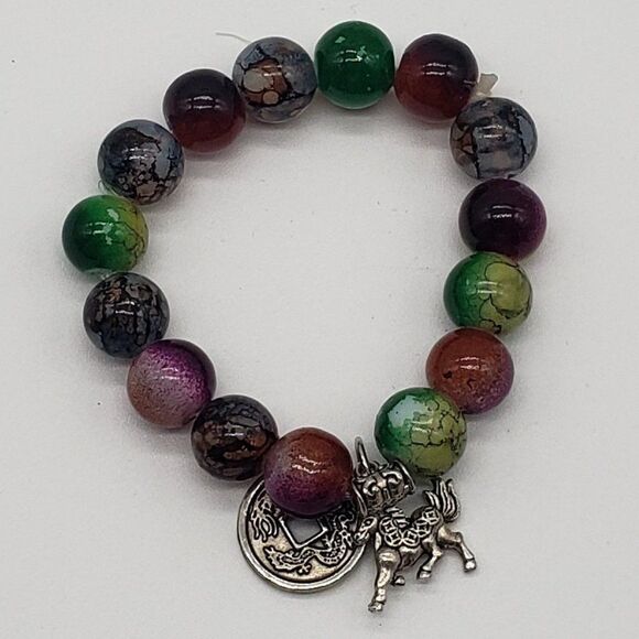 Vintage Glass Beaded Dark Green Choker Necklace and Multicoloured Charm Bracelet - Picture 7 of 10